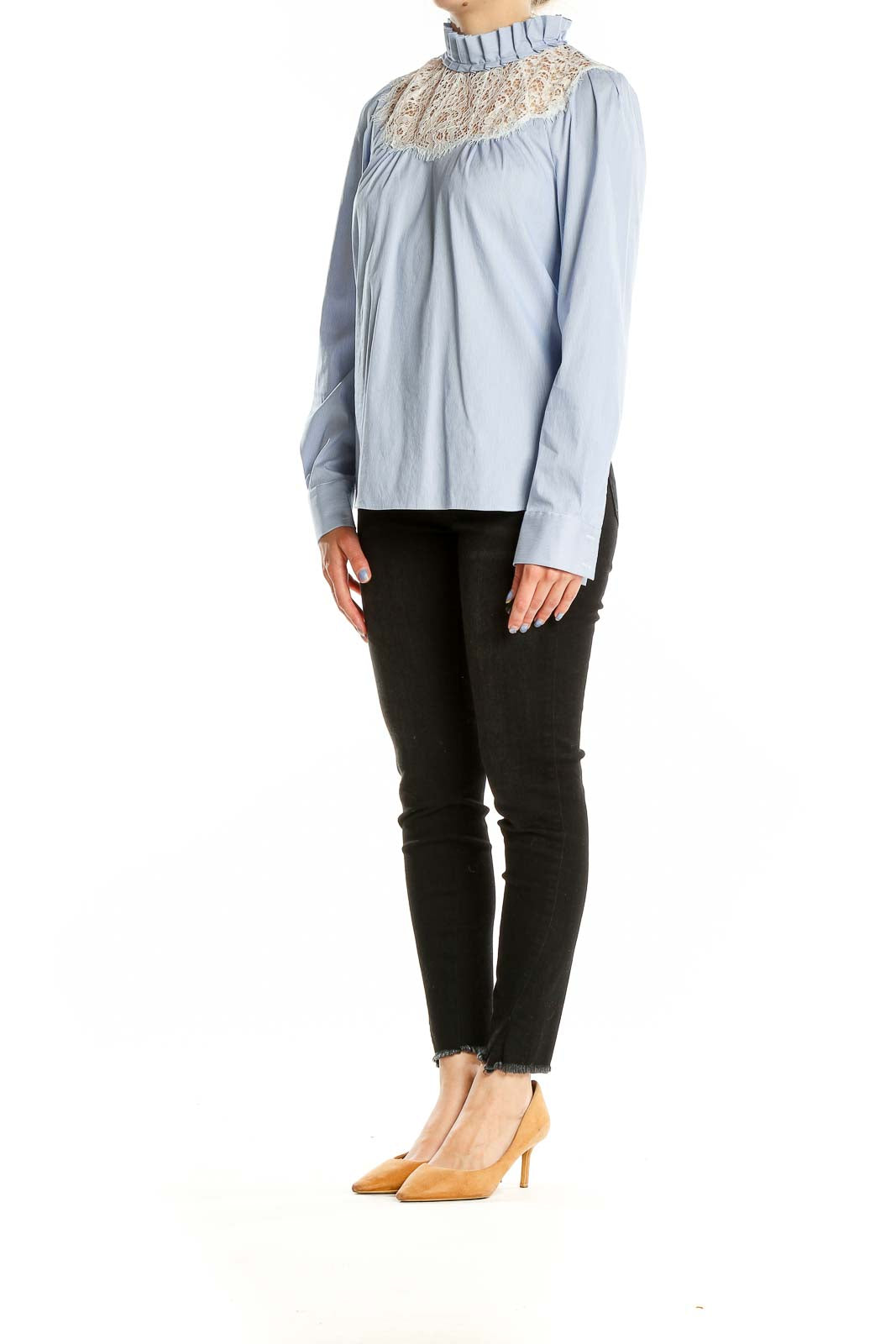 Front view of Halogen Light Blue Lace Yoke Ruffle Neck Blouse