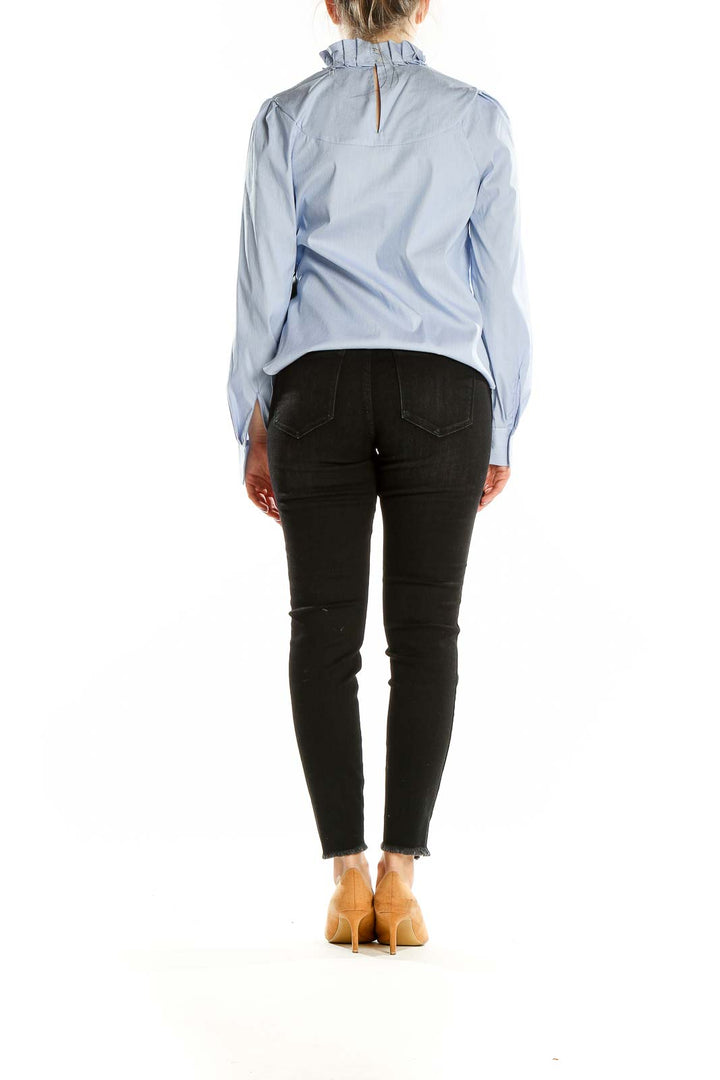 Back view of Halogen Light Blue Lace Yoke Ruffle Neck Blouse