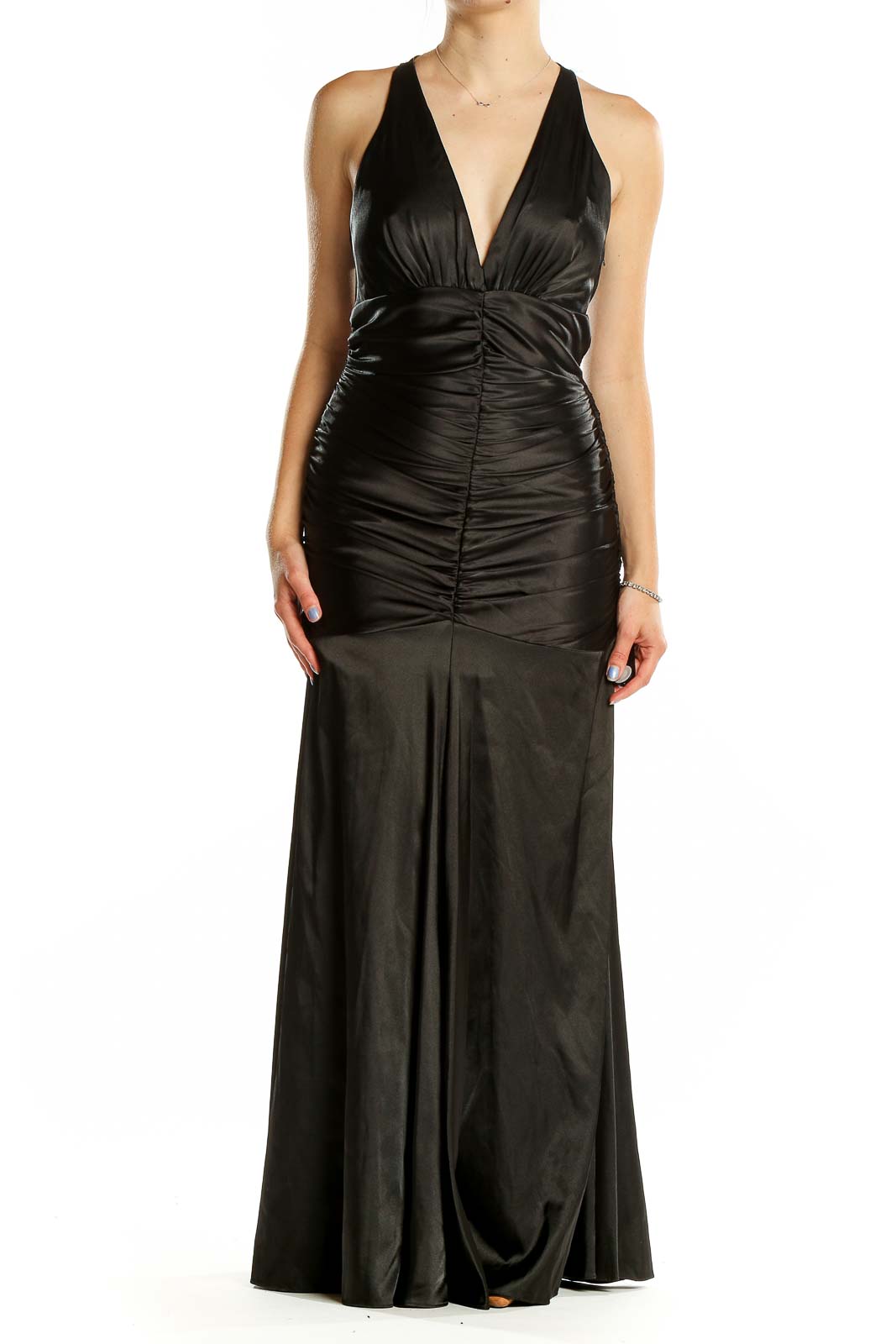 Front view of black ruched mermaid evening gown by Jessica McClintock