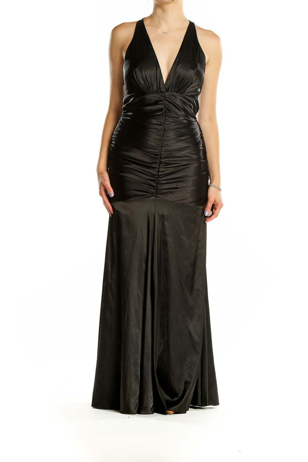 Front view of black ruched mermaid evening gown by Jessica McClintock