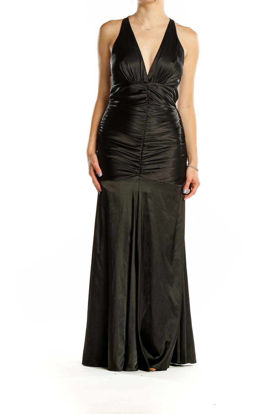 Front view of black ruched mermaid evening gown by Jessica McClintock