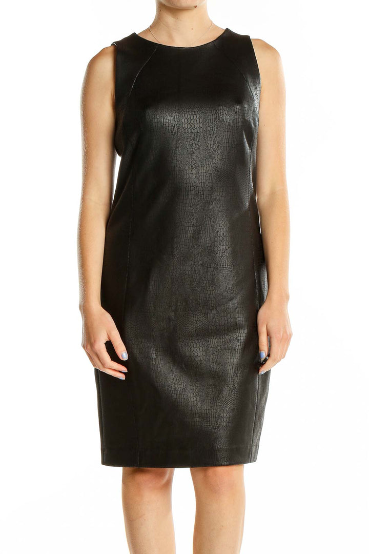 Front view of Pure Amici black faux leather sleeveless sheath dress