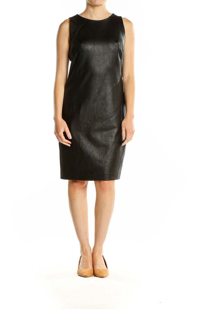 Front view of Pure Amici black faux leather sleeveless sheath dress