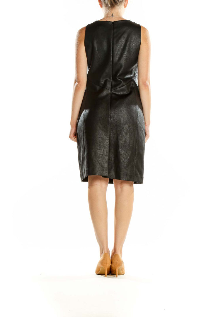 Back view of Pure Amici black faux leather sleeveless sheath dress