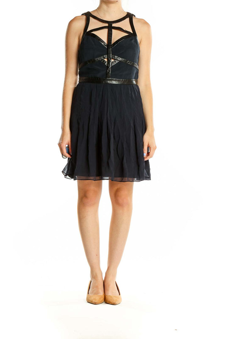 Front view of Rebecca Taylor black leather cocktail dress with cutout details