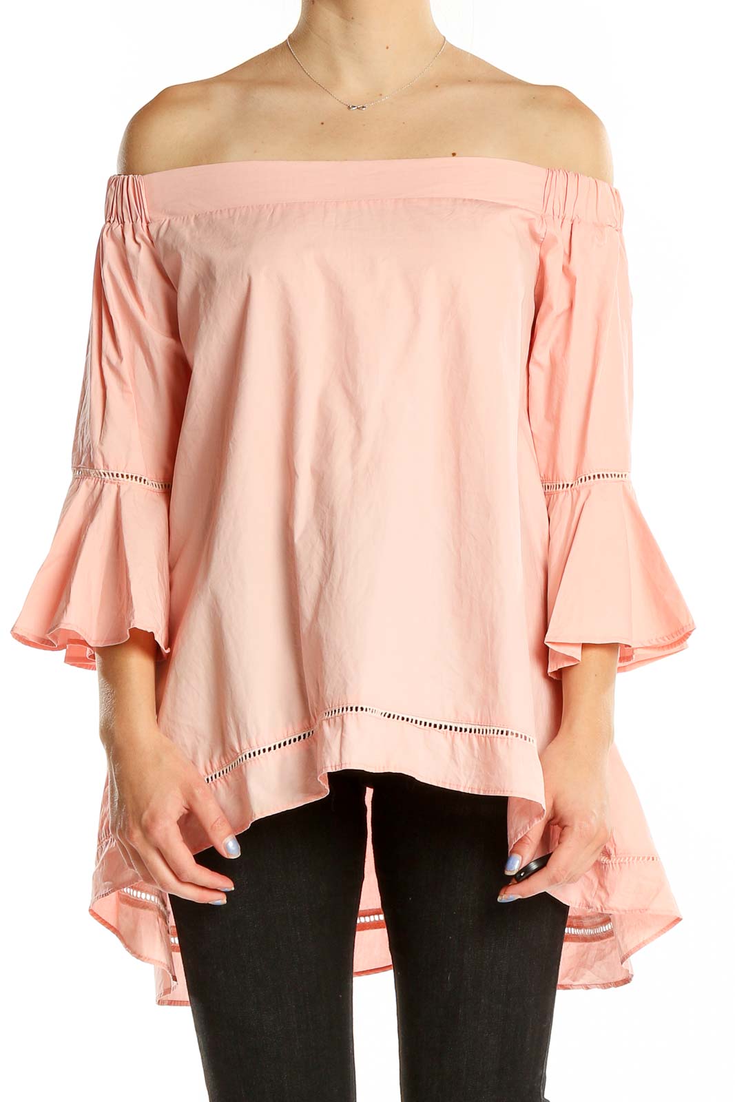 Front view of pink off-shoulder tunic top with bell sleeves