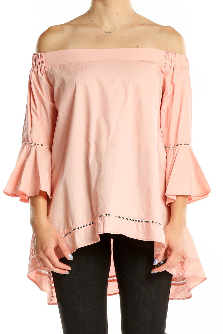 Front view of pink off-shoulder tunic top with bell sleeves