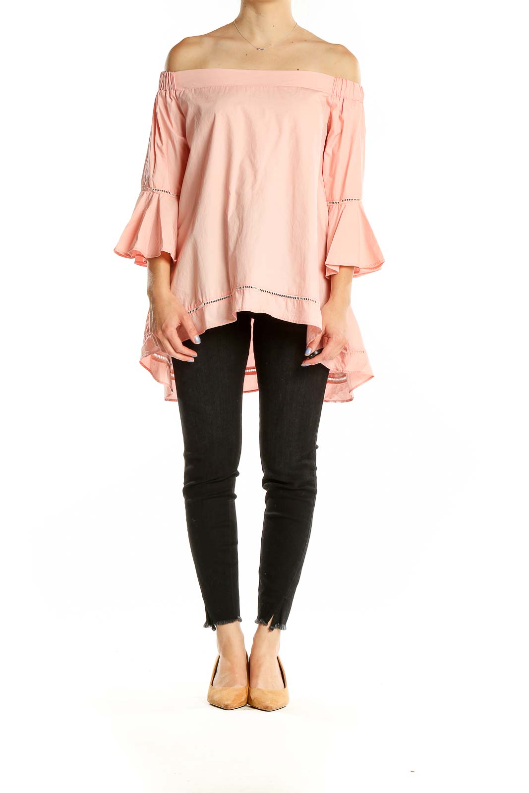 Front view of pink off-shoulder tunic top with bell sleeves
