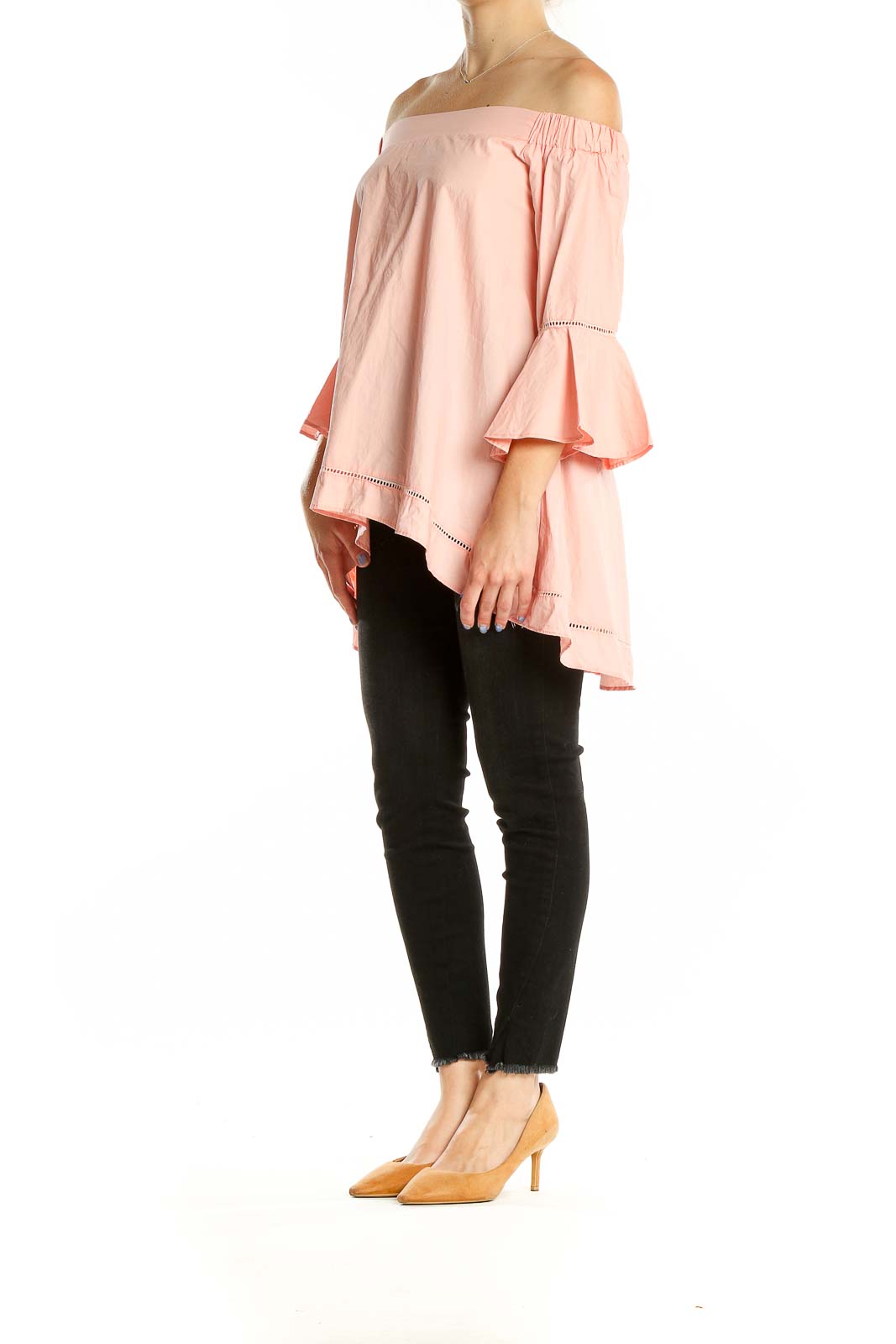 Front view of pink off-shoulder tunic top with bell sleeves