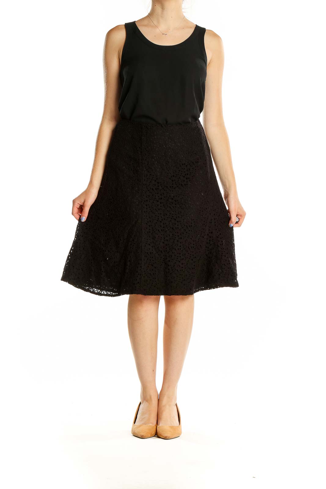 Front view of Nicole by Nicole Miller black lace A-line knee-length skirt