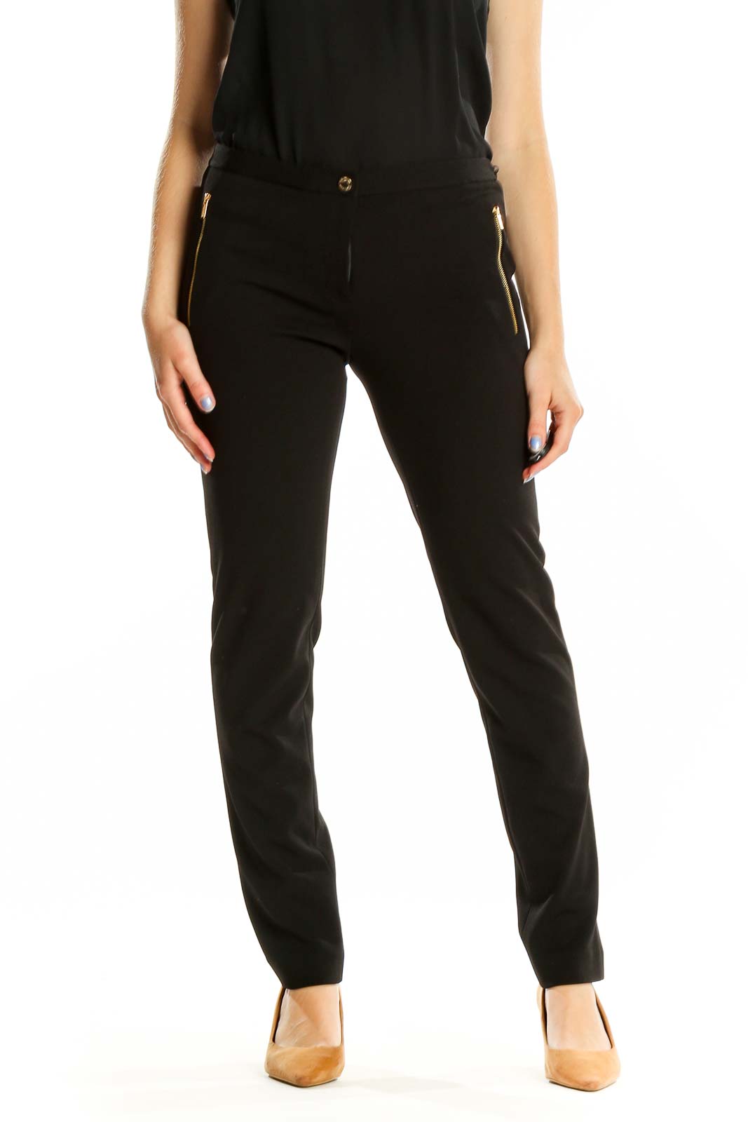 Front view of Calvin Klein black straight-leg pants with gold zipper accents