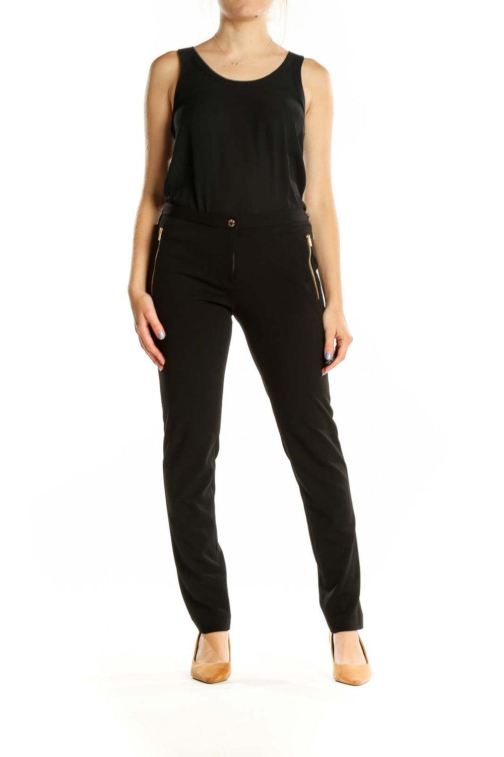 Front view of Calvin Klein black straight-leg pants with gold zipper accents