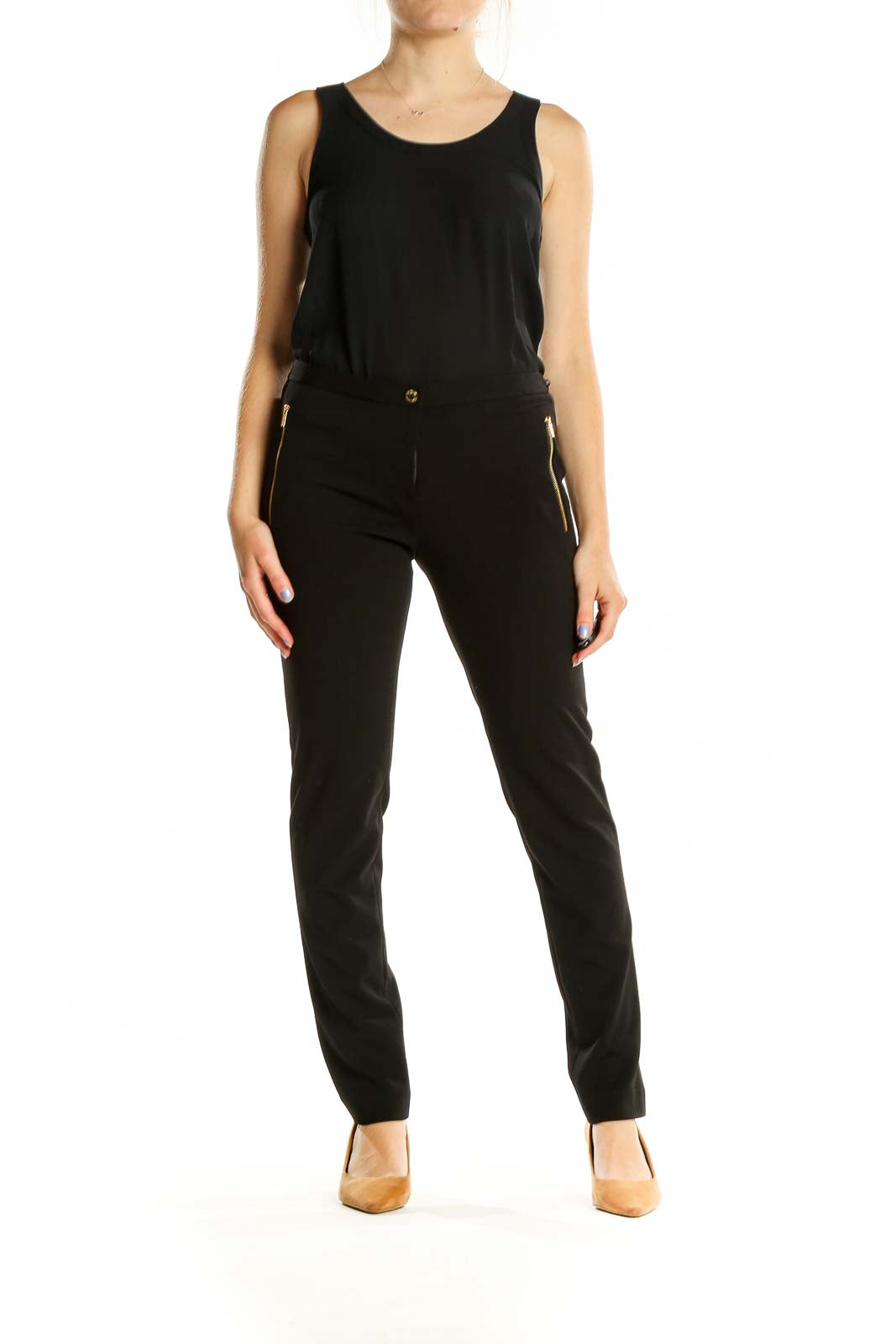 Front view of Calvin Klein black straight-leg pants with gold zipper accents