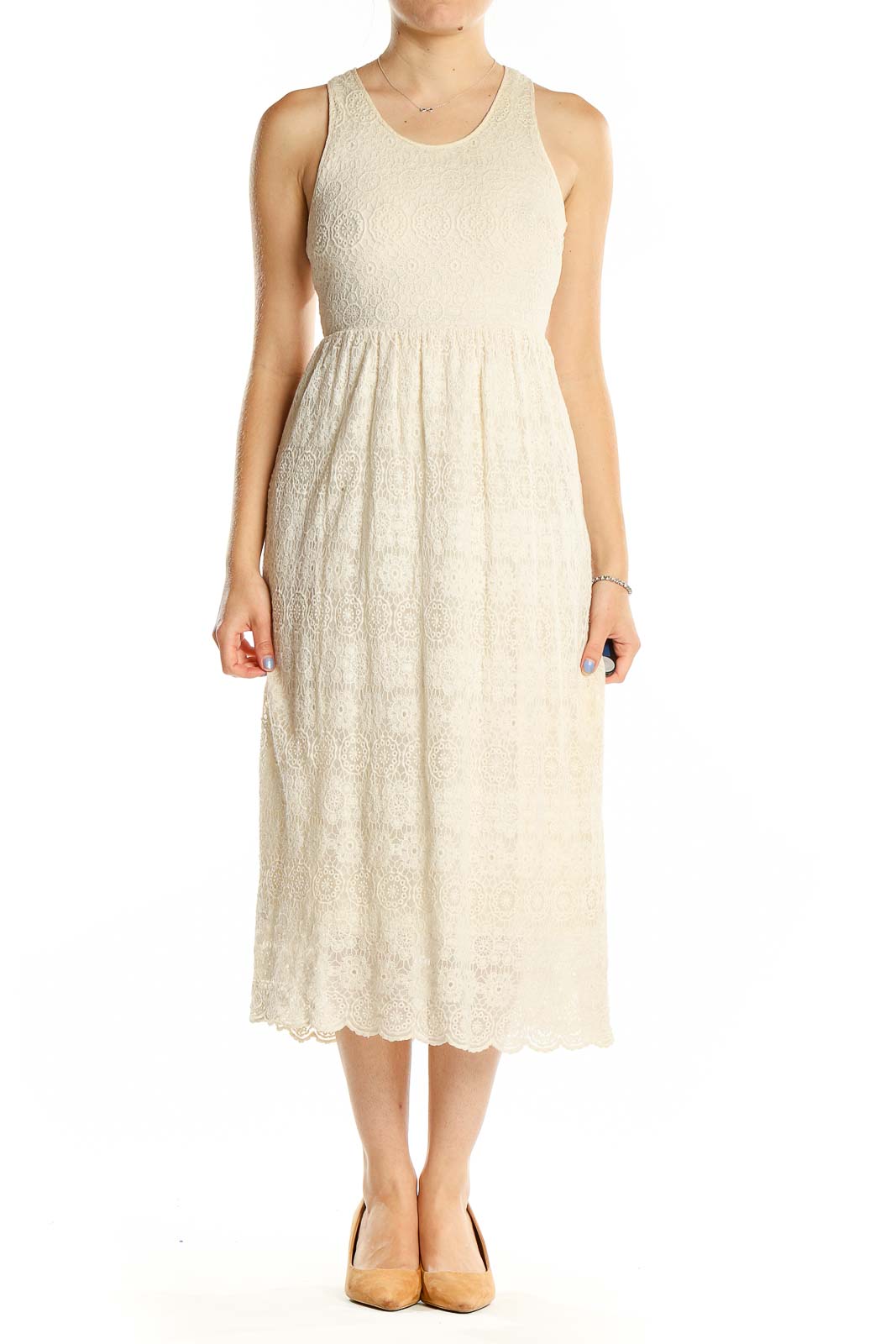 Front view of cream lace midi dress by Sunday in Brooklyn