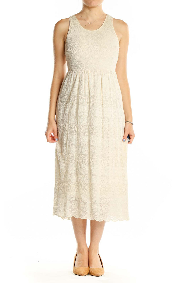 Front view of cream lace midi dress by Sunday in Brooklyn