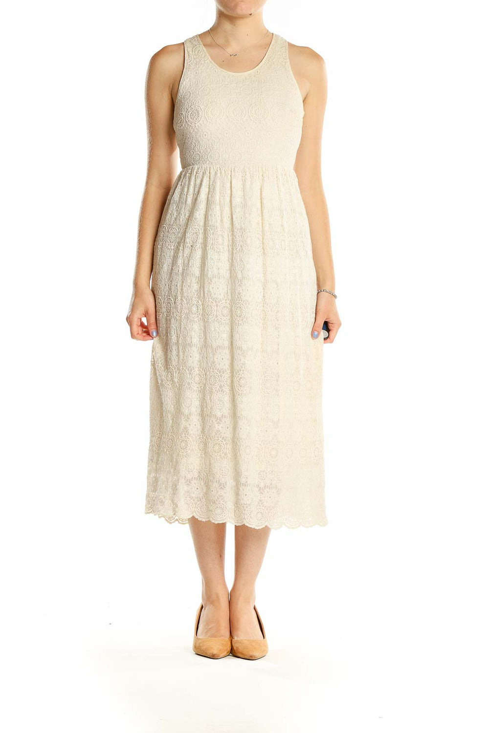 Front view of cream lace midi dress by Sunday in Brooklyn