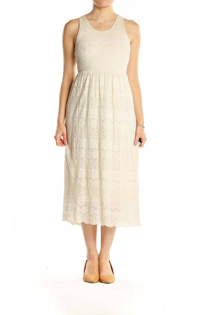 Front view of cream lace midi dress by Sunday in Brooklyn