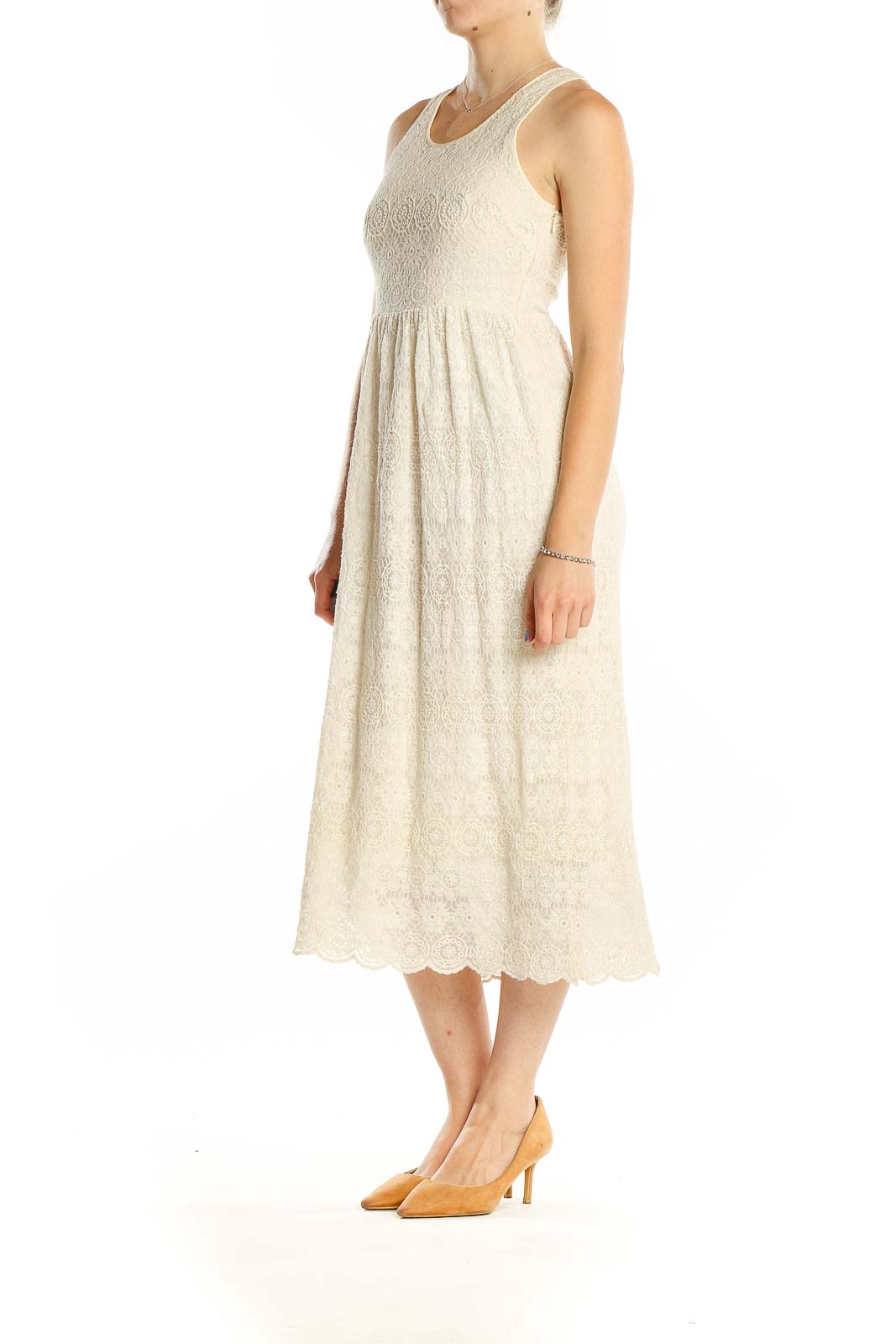 Front view of cream lace midi dress by Sunday in Brooklyn