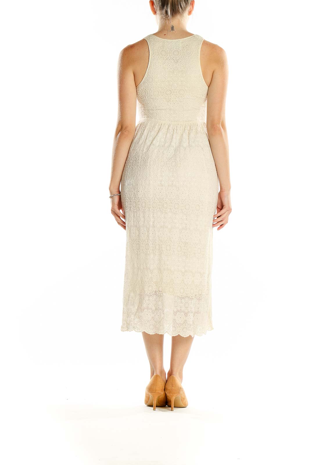 Back view of cream lace midi dress by Sunday in Brooklyn