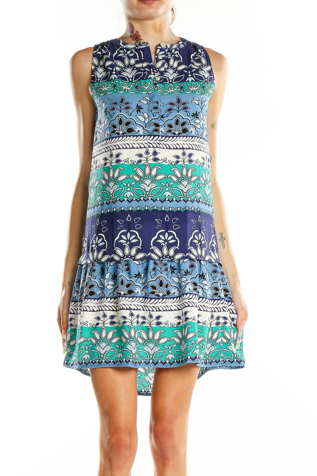 Front view of LOFT Outlet blue and green floral print sleeveless dress