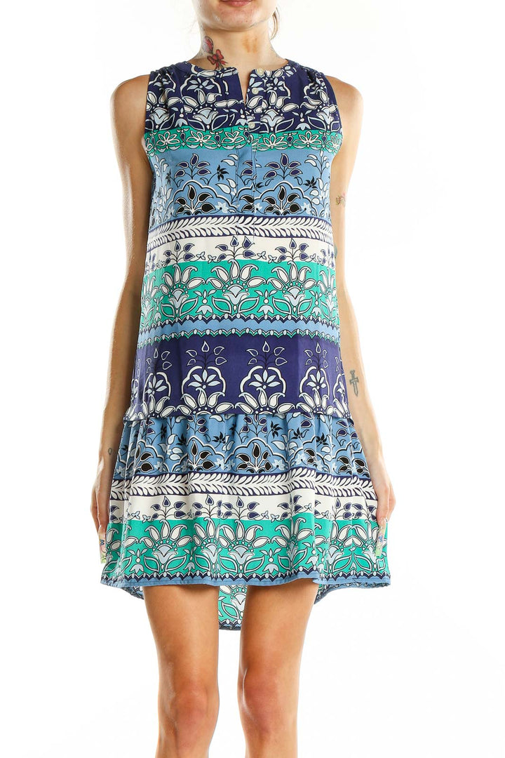 Front view of LOFT Outlet blue and green floral print sleeveless dress