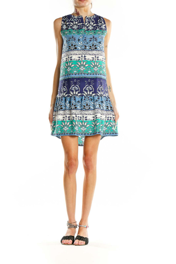 Front view of LOFT Outlet blue and green floral print sleeveless dress