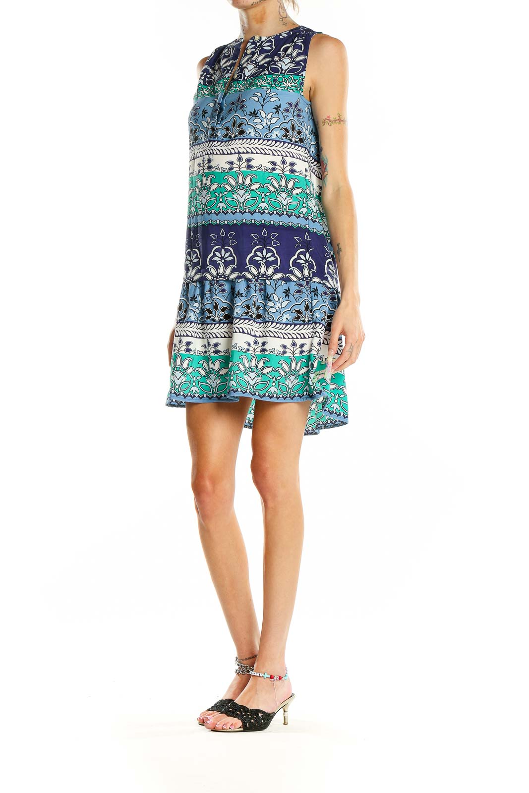 Front view of LOFT Outlet blue and green floral print sleeveless dress