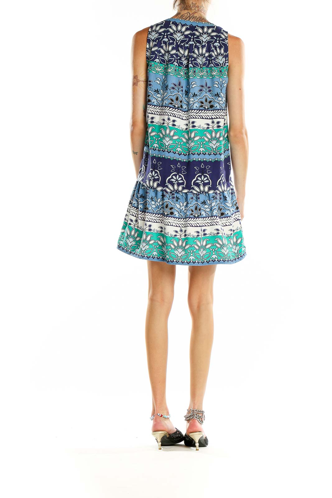 Back view of LOFT Outlet blue and green floral print sleeveless dress