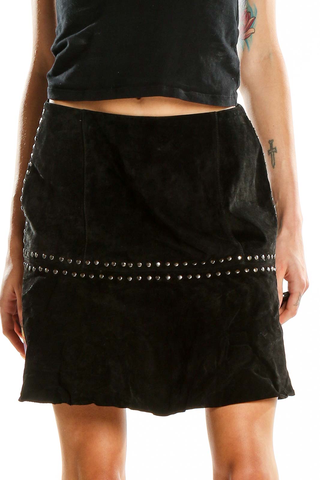 Front view of Willow & Clay black leather studded mini skirt