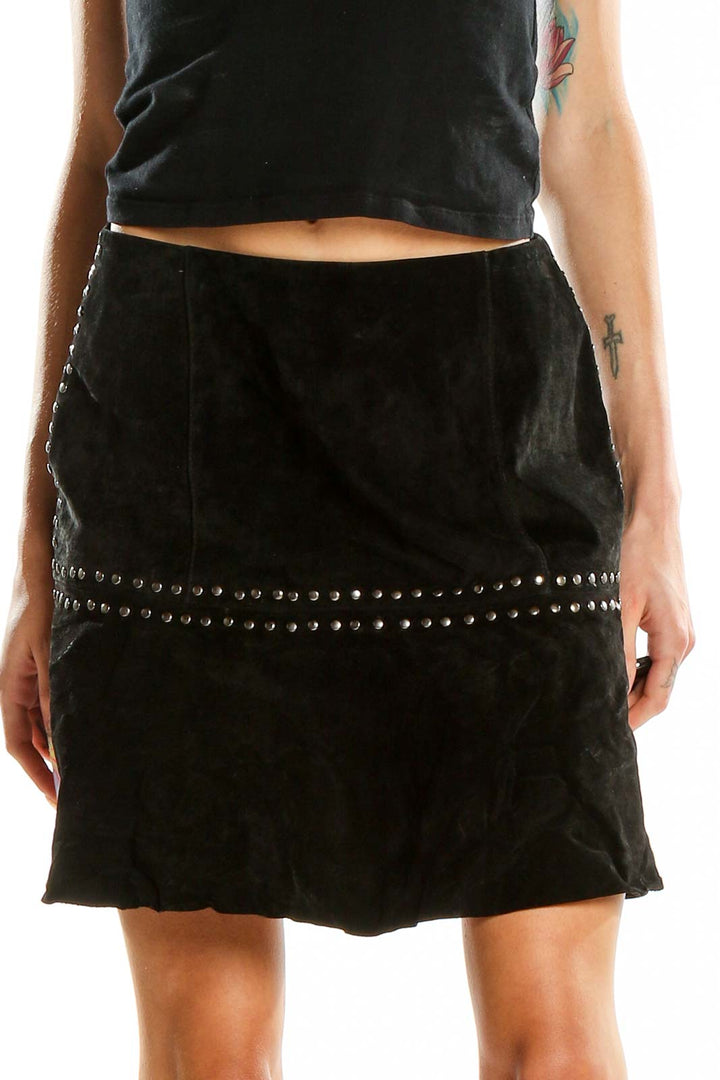 Front view of Willow & Clay black leather studded mini skirt