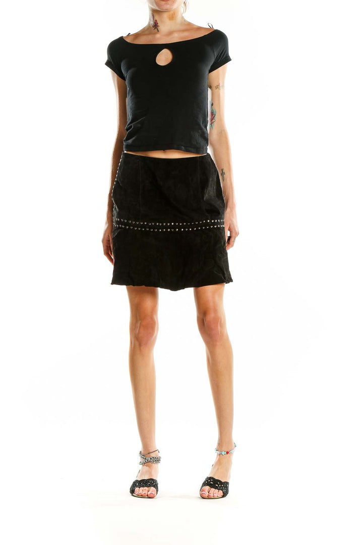 Front view of Willow & Clay black leather studded mini skirt