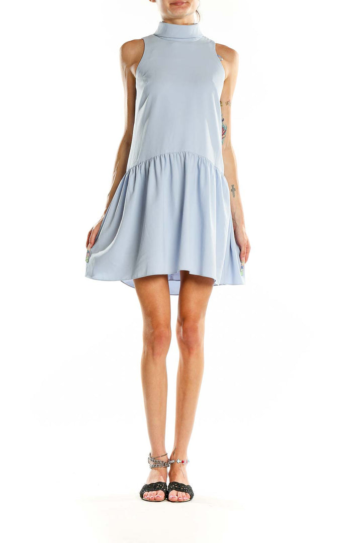 Front view of Eliza J light blue sleeveless mock neck dress with A-line silhouette