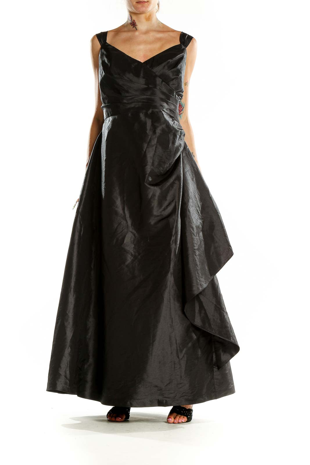 Front view of black Bill Levkoff floor-length gown with sweetheart neckline