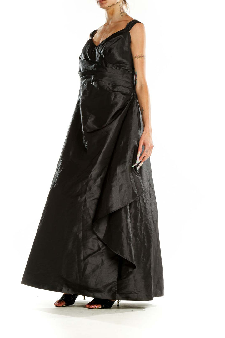 Front view of black Bill Levkoff floor-length gown with sweetheart neckline