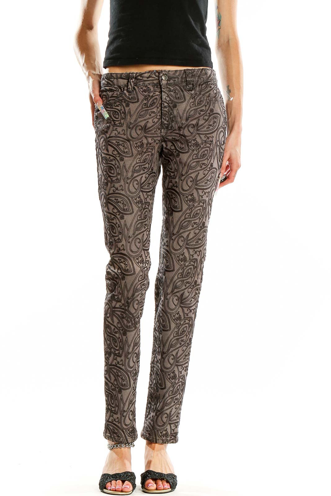 Front view of Joe's gray paisley print skinny jeans on model