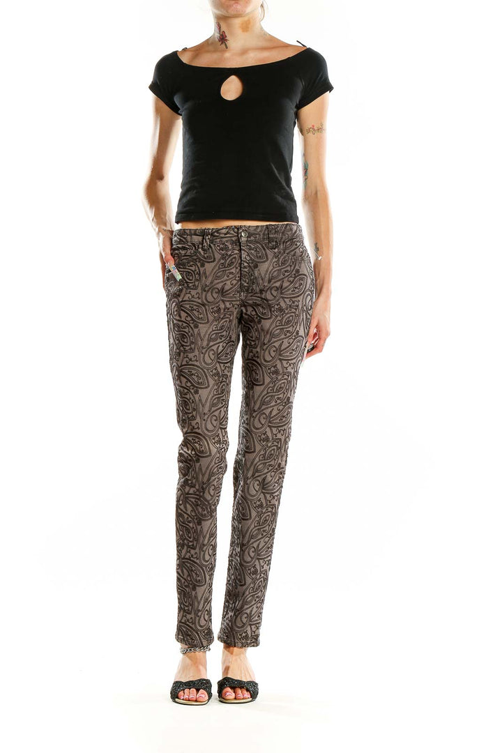 Front view of Joe's gray paisley print skinny jeans on model