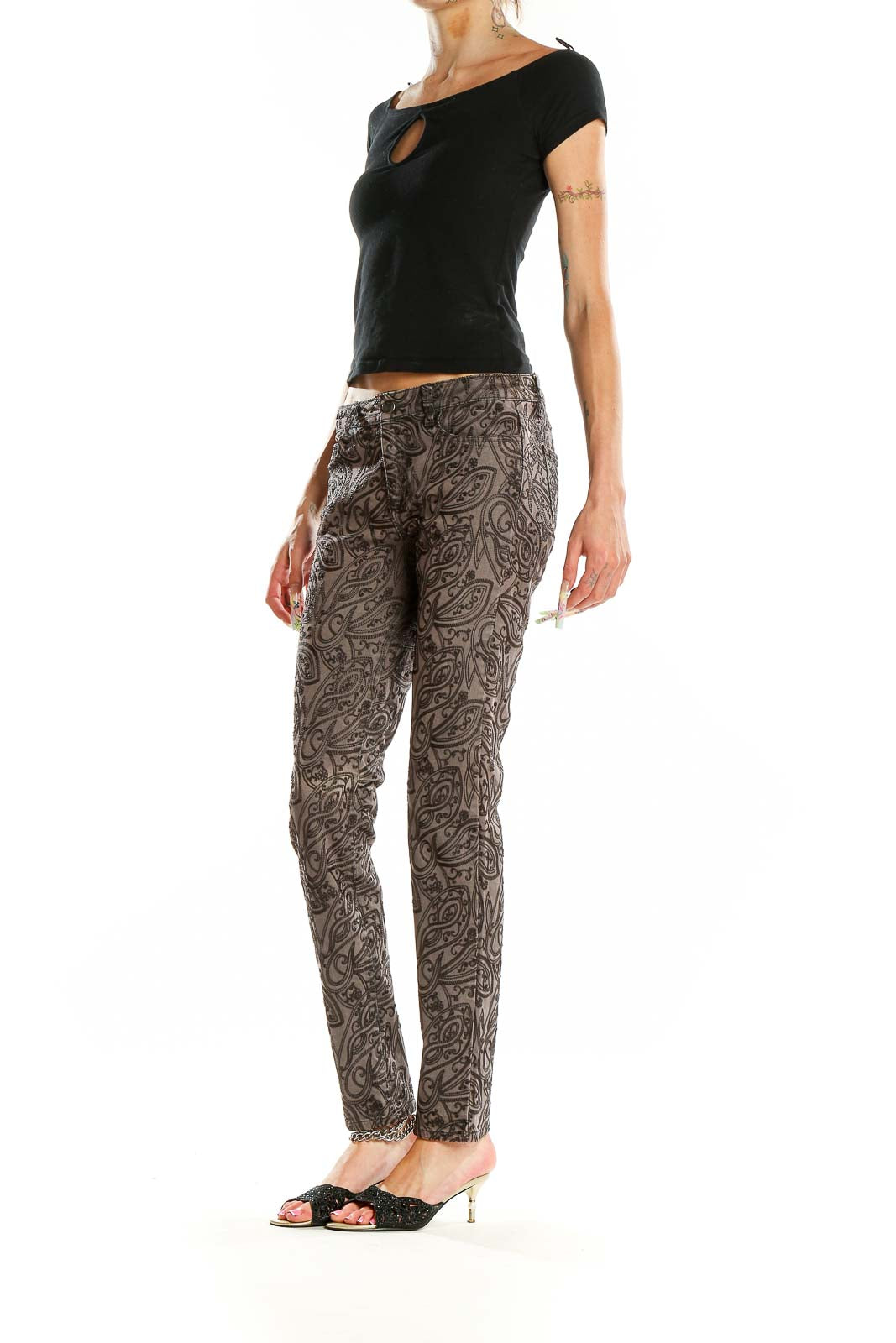 Front view of Joe's gray paisley print skinny jeans on model