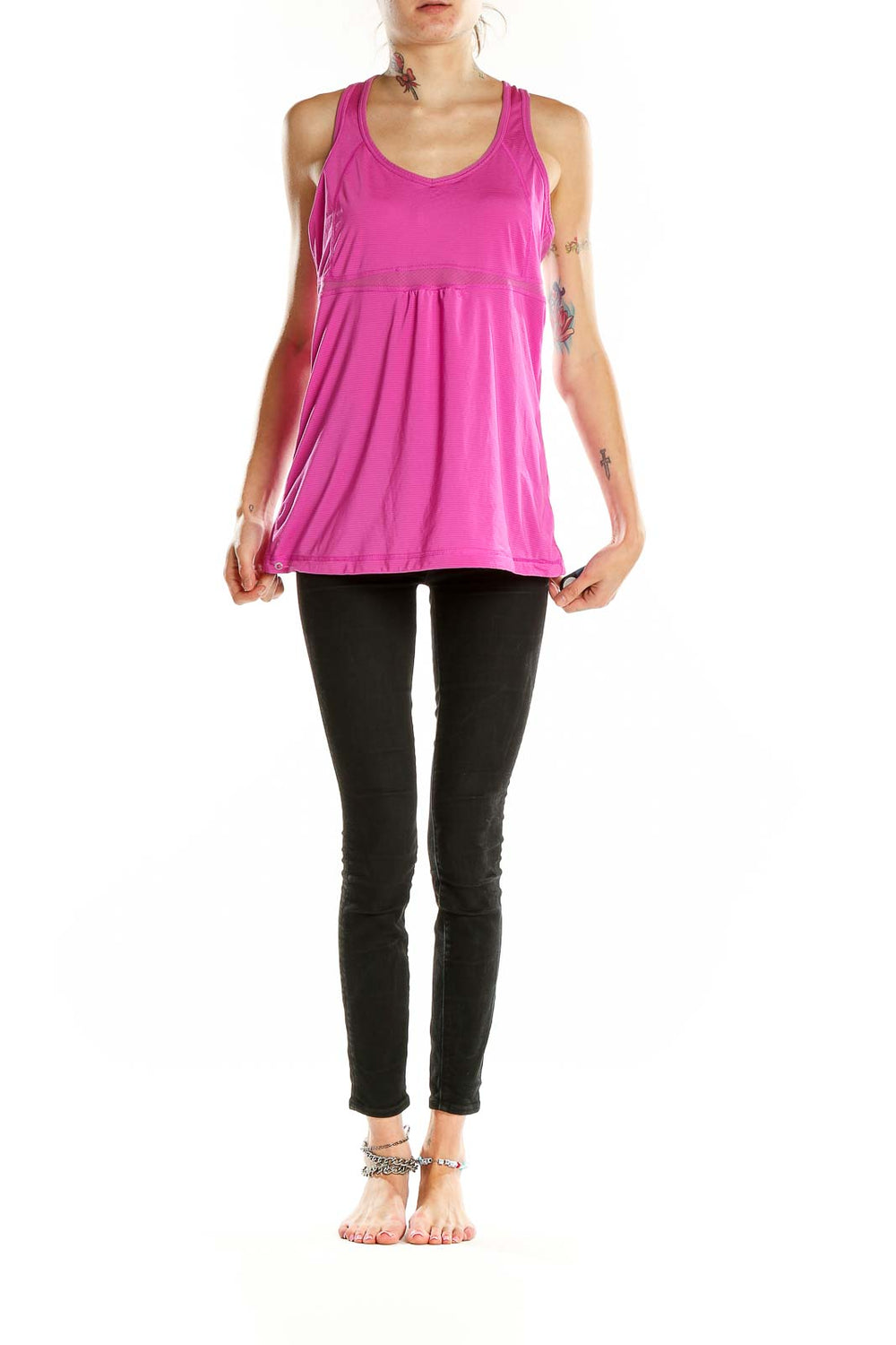 Front view of pink Lucy racerback workout tank with flowy fit