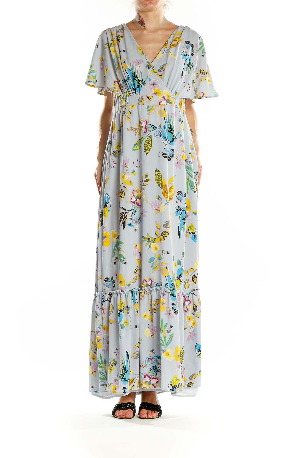 Front view of Slate & Willow light blue floral maxi wrap dress with flutter sleeves