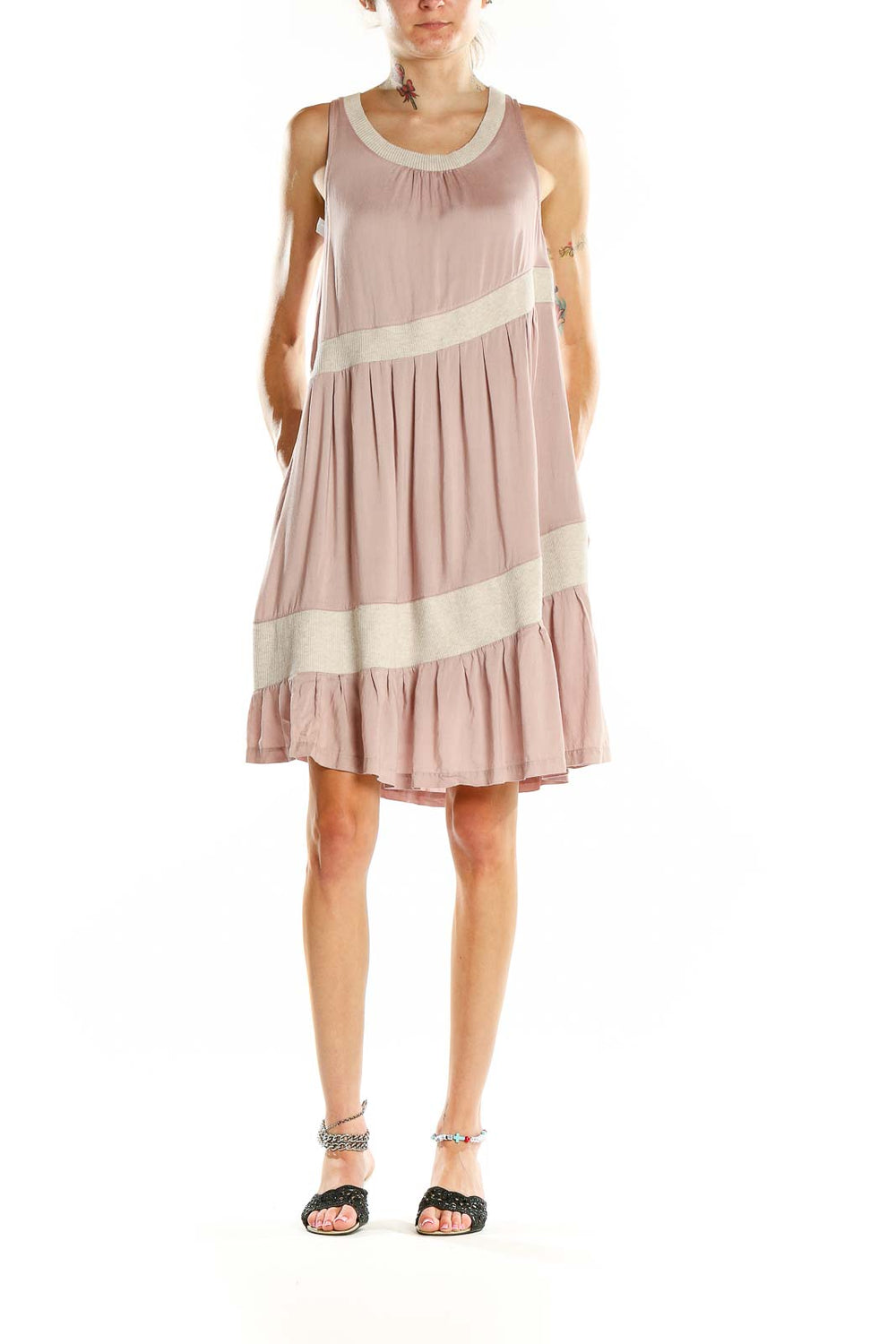 Front view of blush Maeve tiered sleeveless midi dress with cream trim