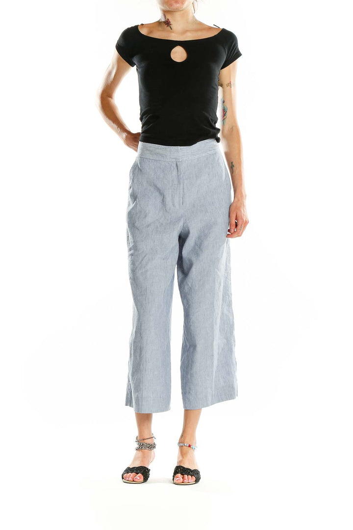 Front view of Halogen light blue linen blend cropped wide-leg pants