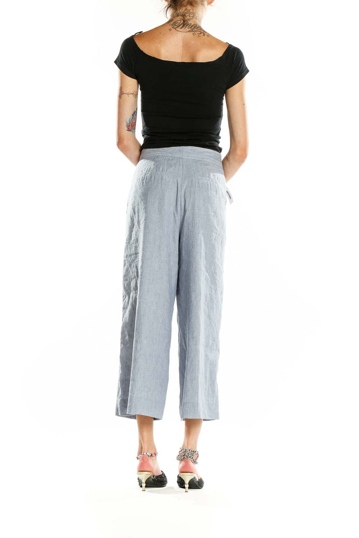 Back view of Halogen light blue linen blend cropped wide-leg pants