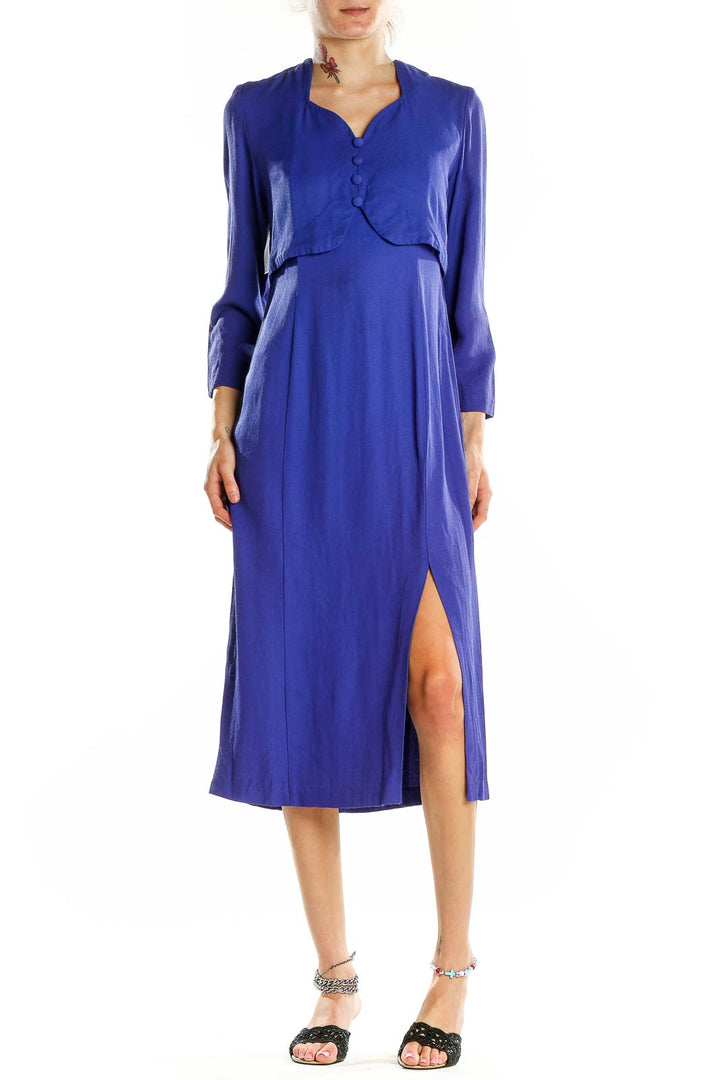 Front view of Alexis royal blue midi dress with V-neckline and button details