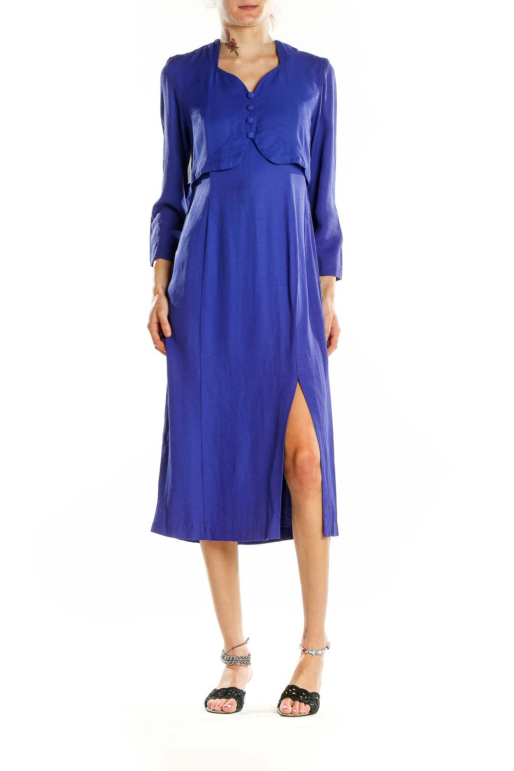 Front view of Alexis royal blue midi dress with V-neckline and button details