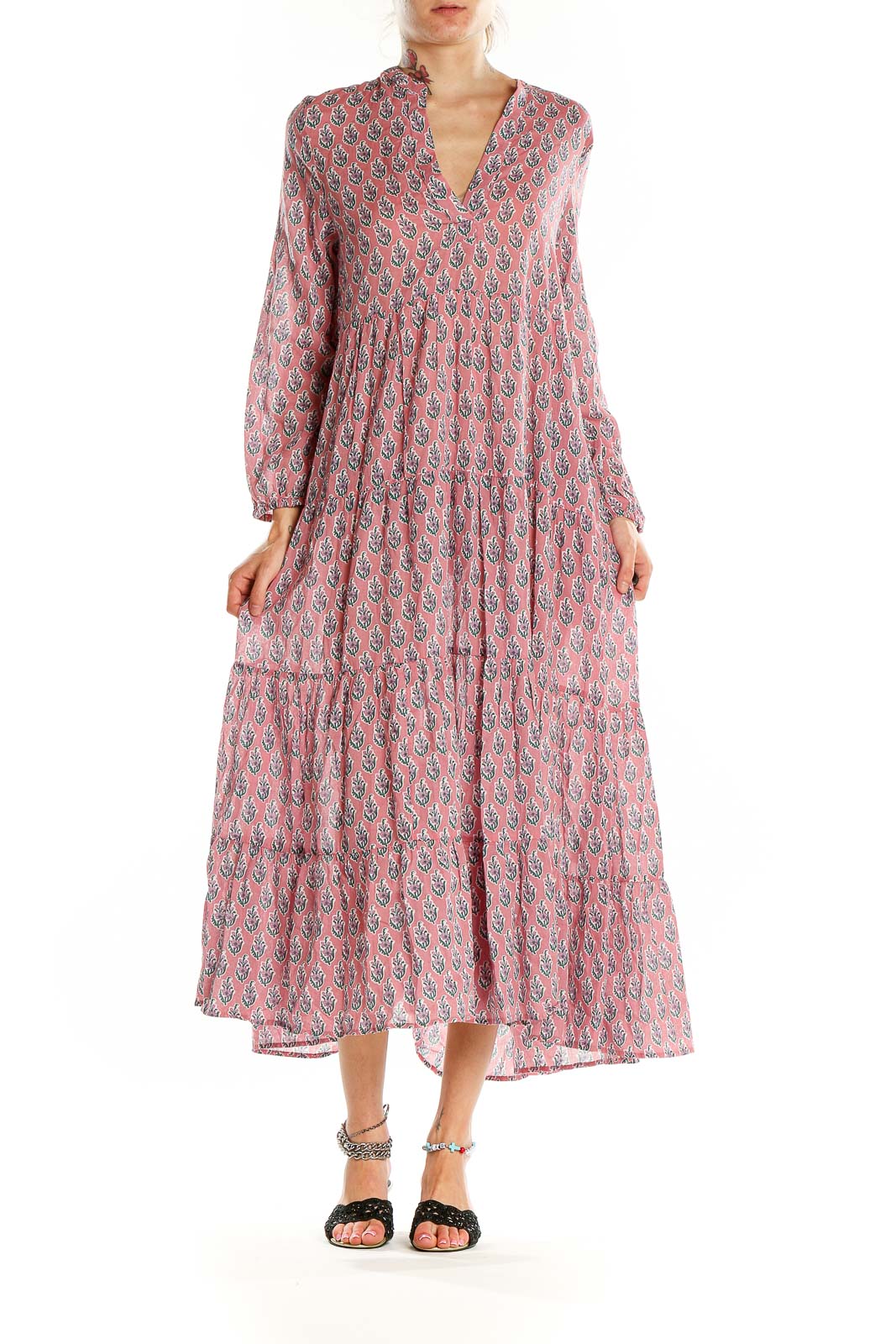 Pink Flare Bohemian Floral Print Dress