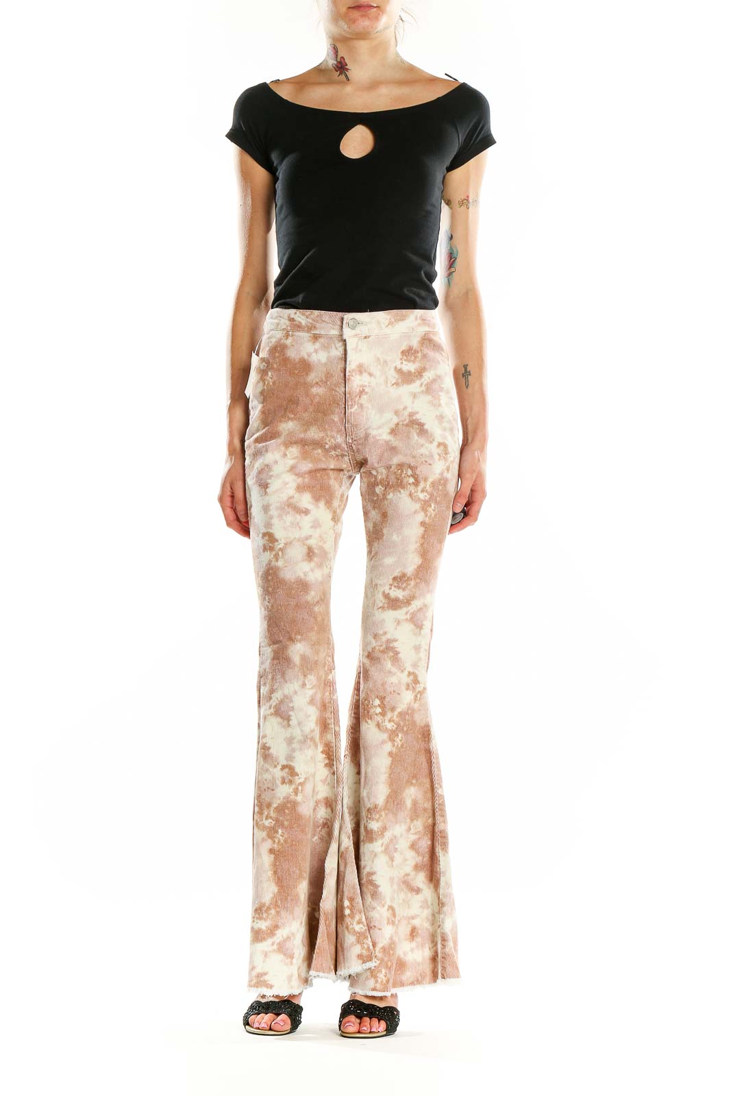 Front view of altar'd state beige tie-dye flared pants