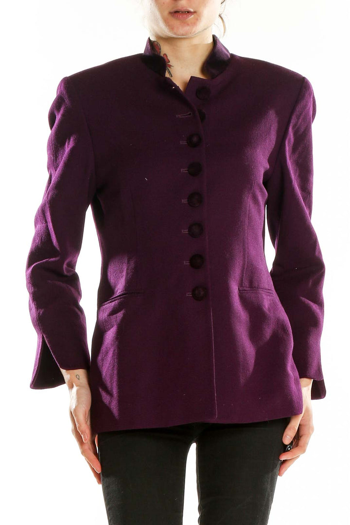 Front view of purple Christian Dior structured coat with mandarin collar and button closure