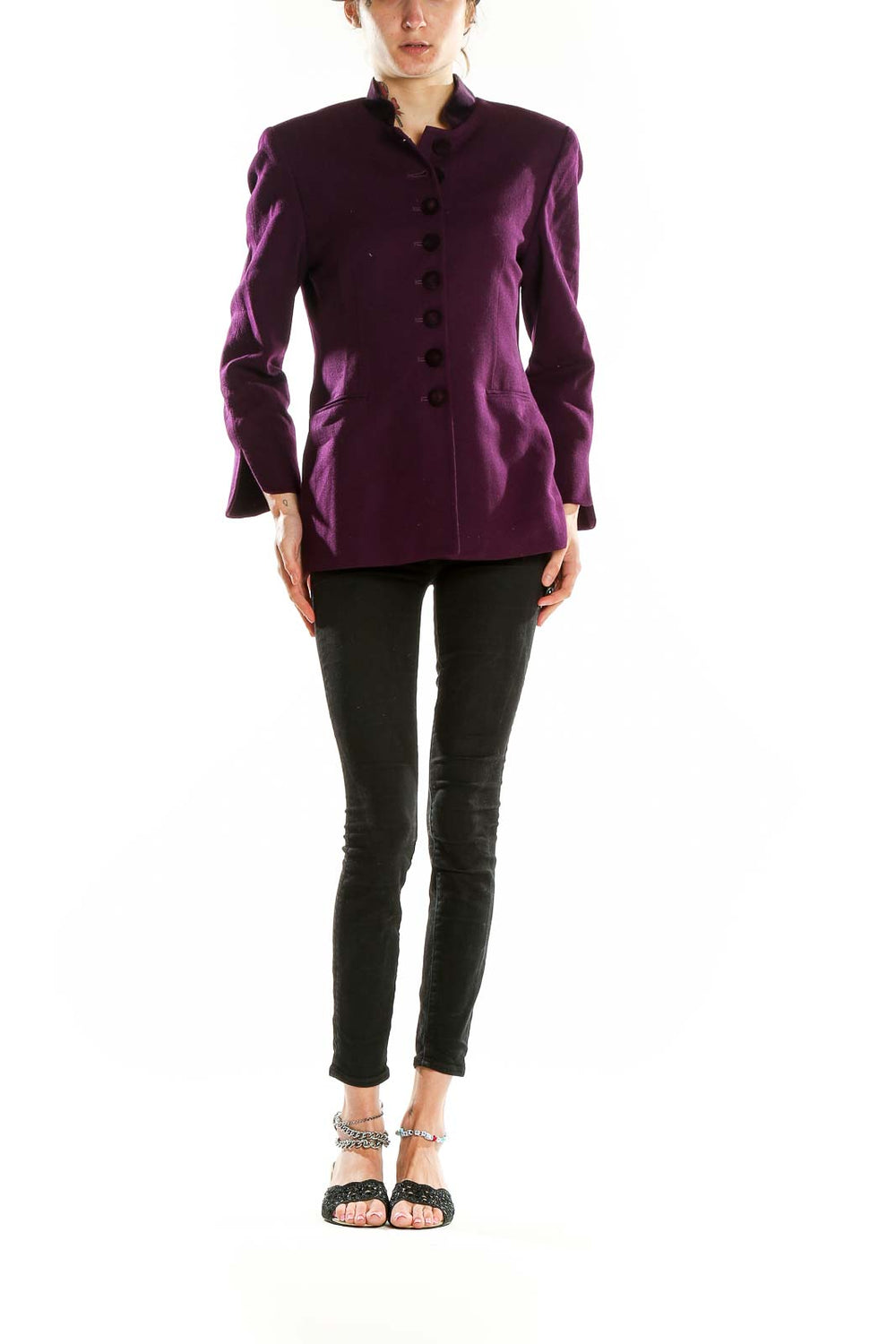 Front view of purple Christian Dior structured coat with mandarin collar and button closure