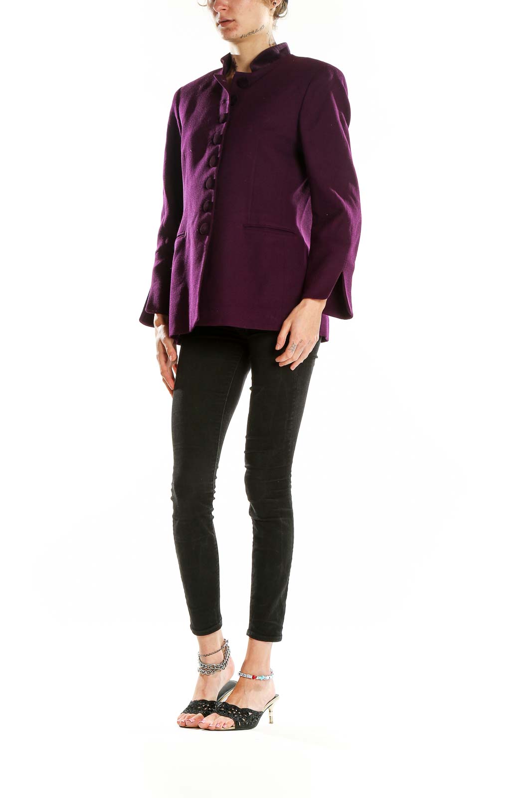 Front view of purple Christian Dior structured coat with mandarin collar and button closure