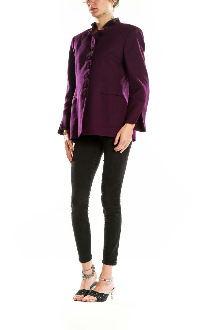 Front view of purple Christian Dior structured coat with mandarin collar and button closure